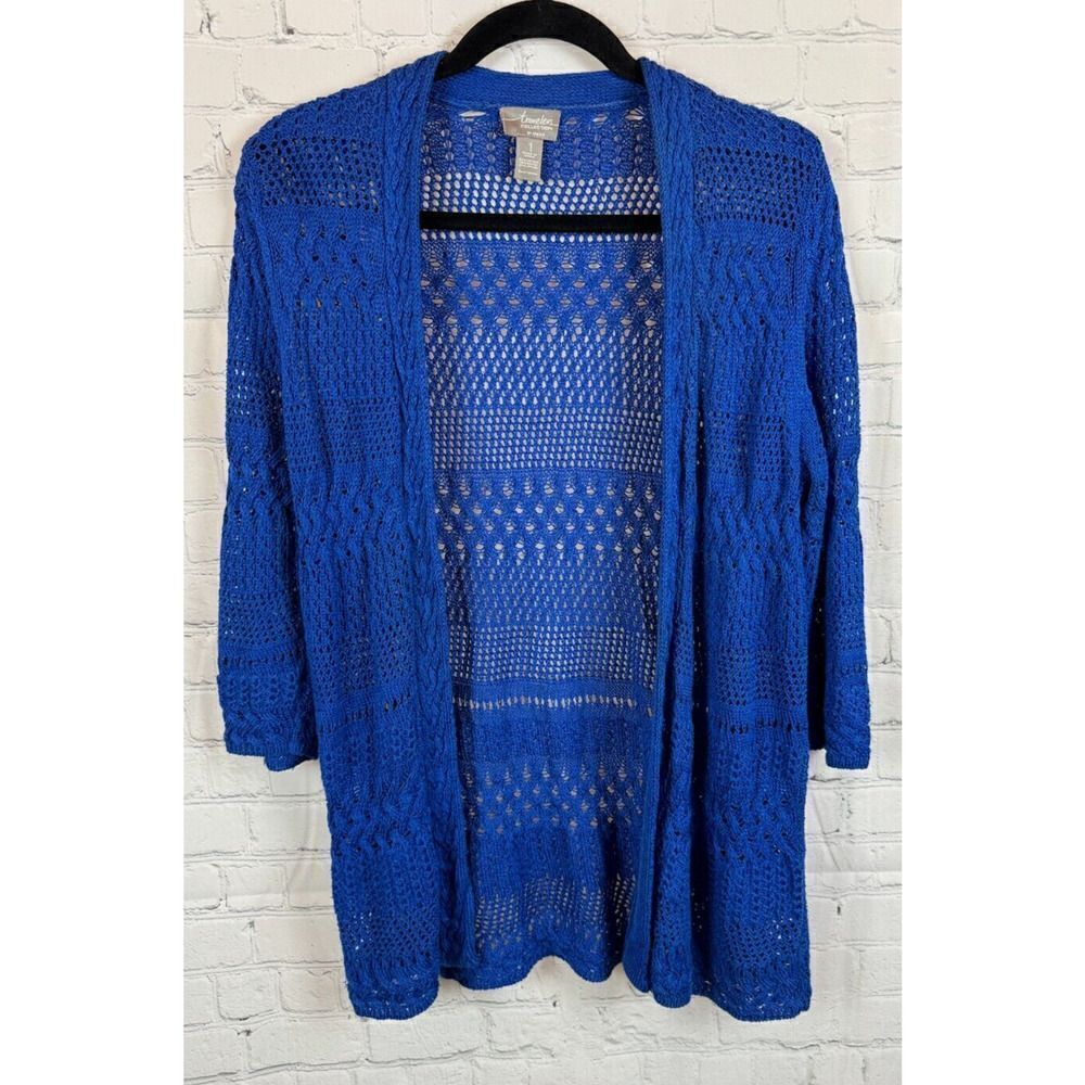 CHICO'S TRAVELERS royal blue cotton blend knit open front cardigan sweater 1 M